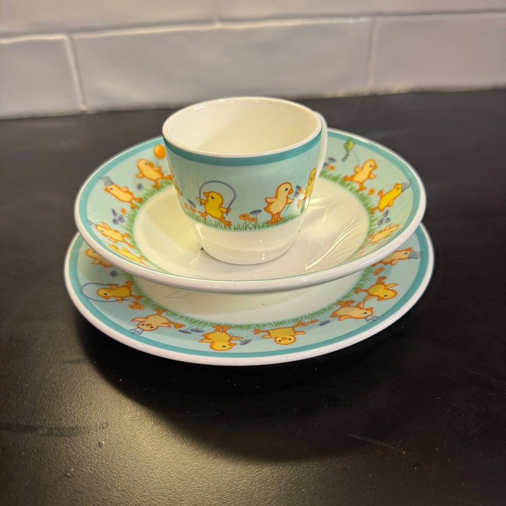 Tiffany & Co. 3pc Nursery Set Kids 7in Blue Yellow Tiffany Chicks Made In Japan